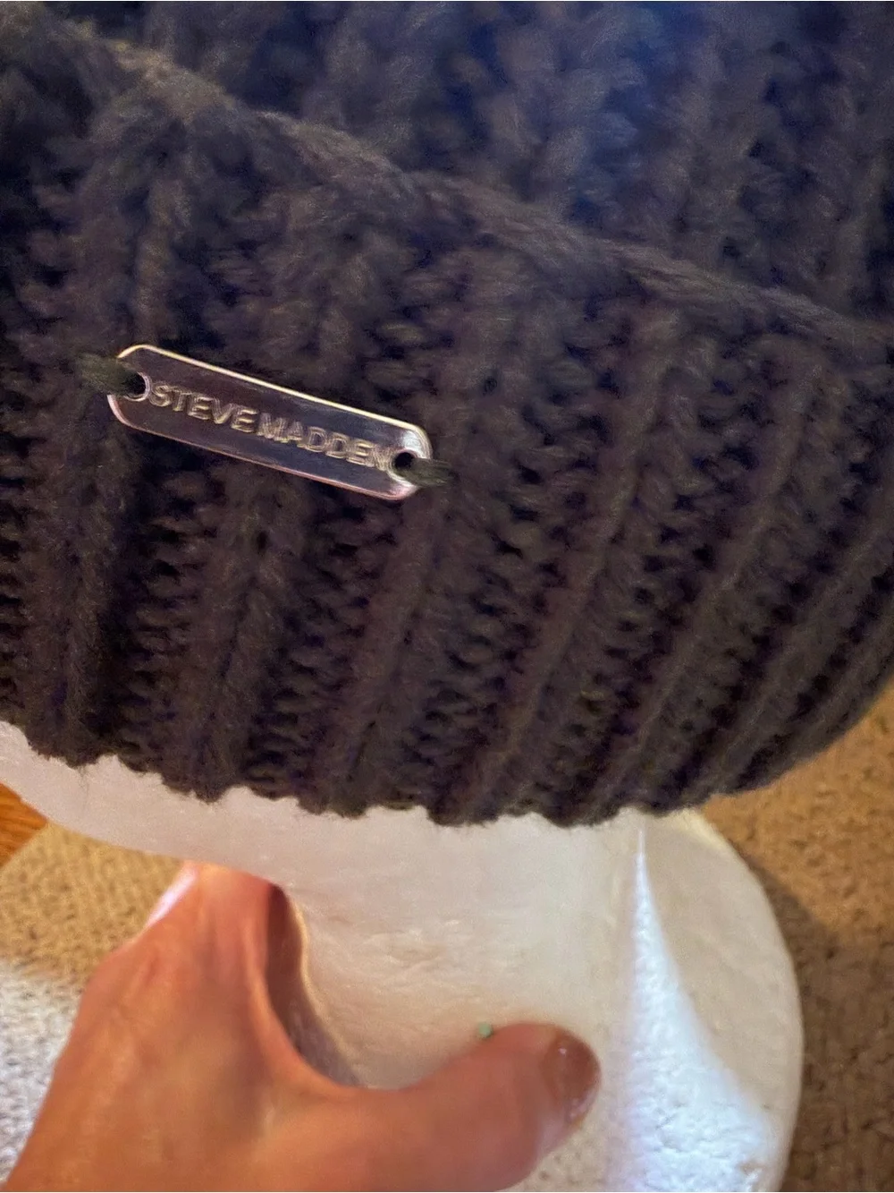 Steve Madden Dark Olive Ribbed Knit Beanie with Metal Logo & Gloves